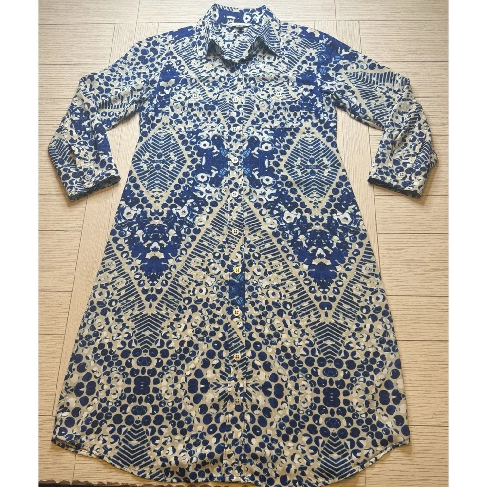 Cabi Royal Blue & White Jewel Button Down Women's Poly Knee Length Shirt Dress S